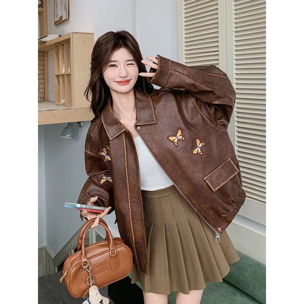 Retro Maillard Brown Jacket for Women 2025 Spring autumn New Collection Butterfly Embroidered Sweet Cool Leather Coat