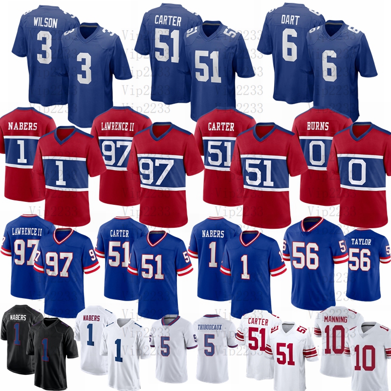 Jaxson Dart 51 Abdul Carter Malik Nabers Russell Kayvon Thibodeaux Wilson Football Jersey Manning Dexter Lawrence II Strahan DeVito Hyatt Bavaro Brian Burns