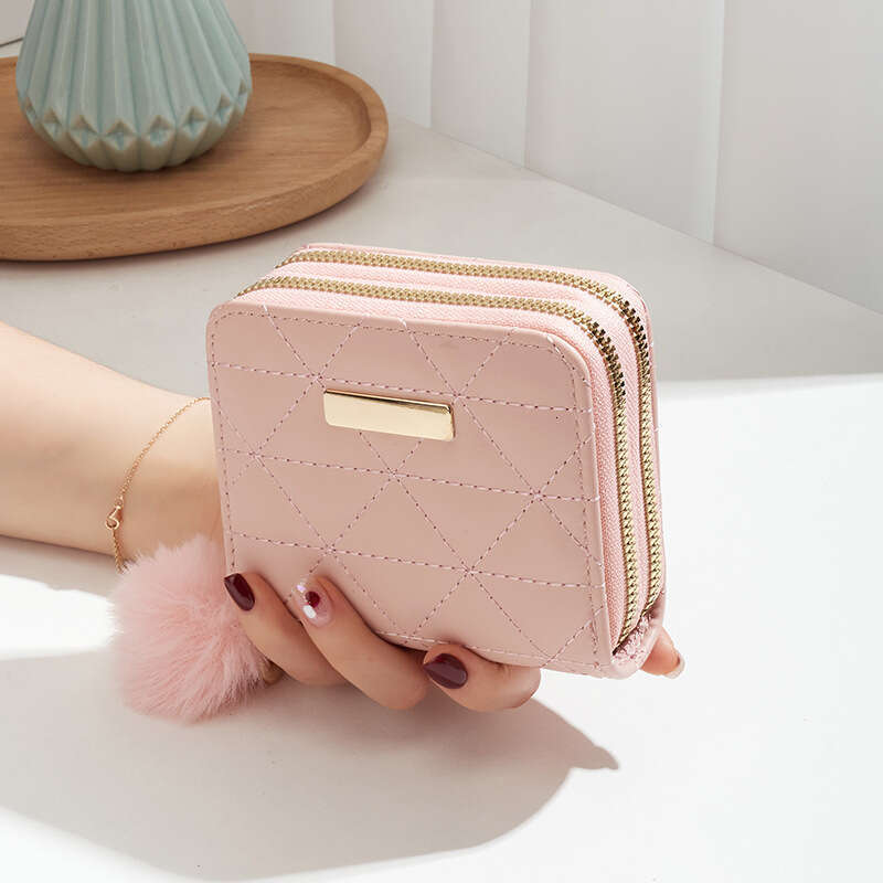 Small Hair Ball Bag New Double-Layer Wallet Dia Grid Texture Iron Label Women's Short Handheld Coin Purse