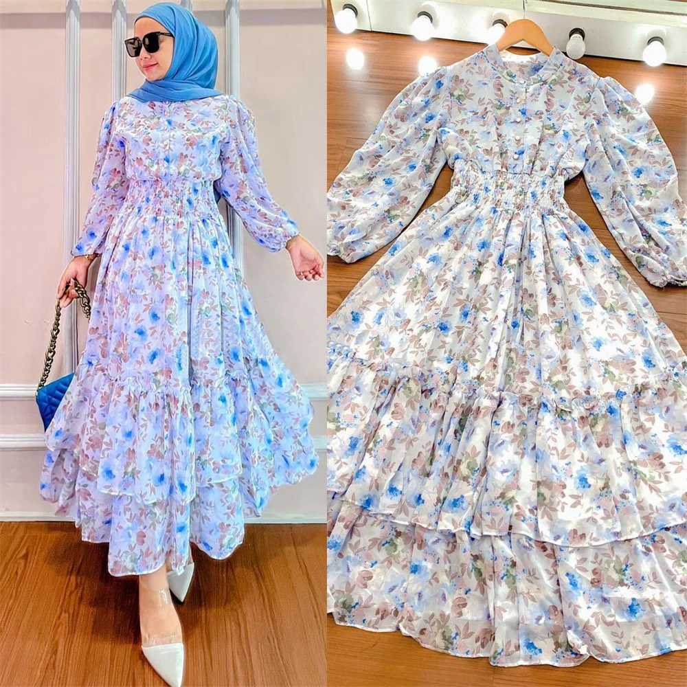 New Fashion Women Print Floral Maxi Dress Chiffon Ruffles Party Gown Muslim Abaya Dubai Kaftan Turkay Robe Eid Ramadan Jalabiya X250514
