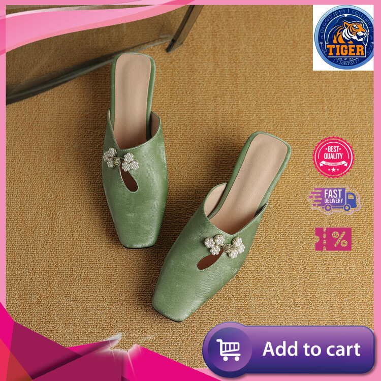 Ddmytiger Chinese Style Baotou Slippers Summer New Elegant Beaded Decoration Cm Comfortable Round Heel Outdoor Shoes