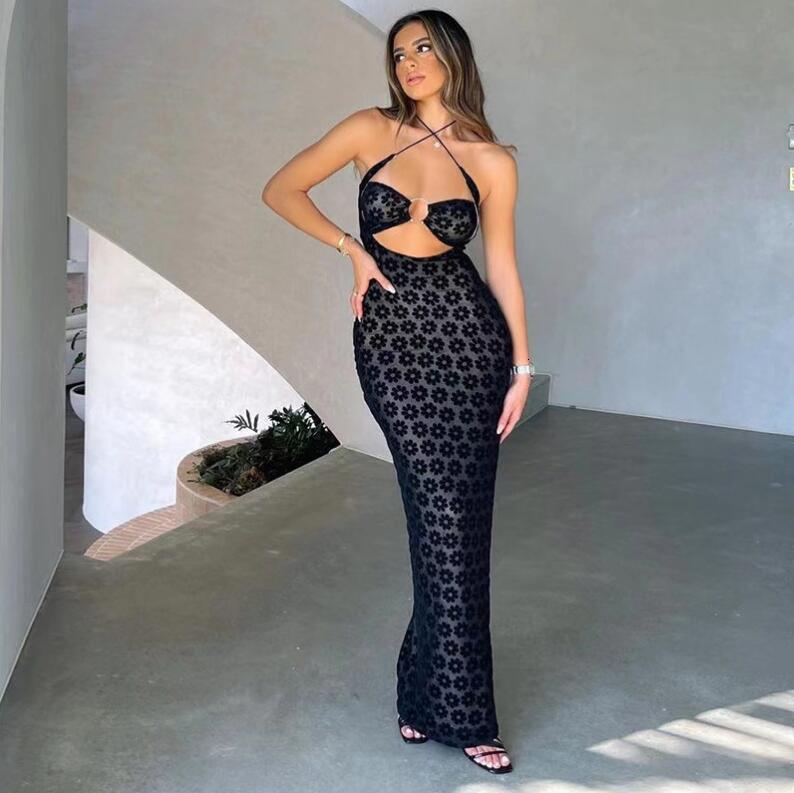 Ins style 2022 summer new womens fashion hanging neck sexy hollow out perspective slim fit bag hip dress