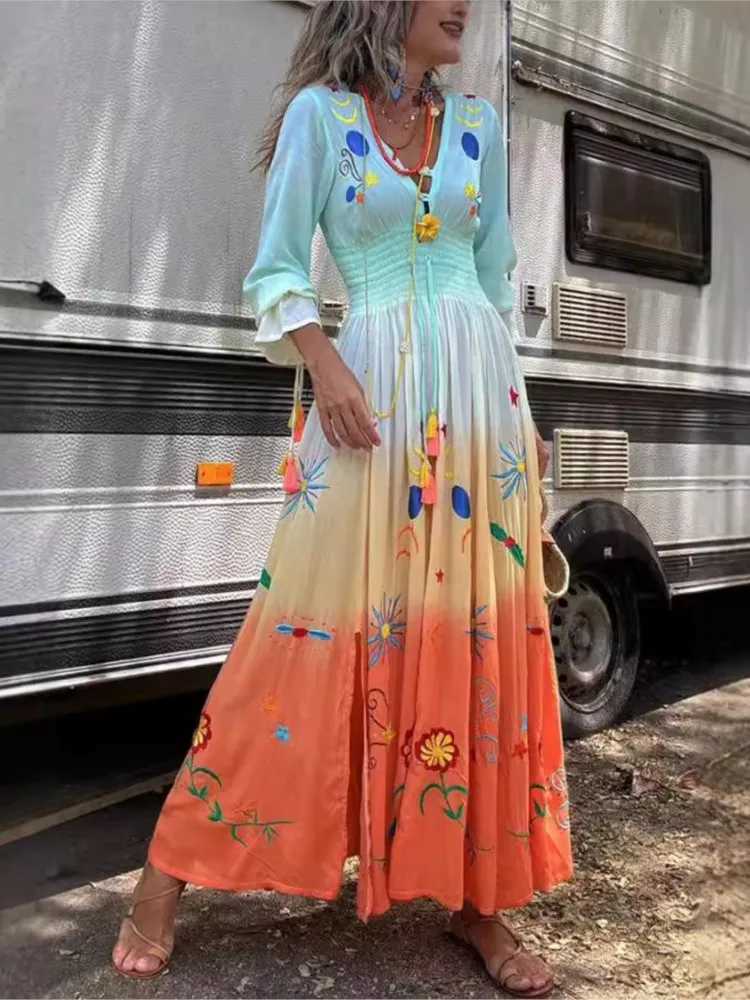Flower Gradient Print Long Dresses Women Fashion V-neck Long Sleeve Tassel A-line Slit Dress Beach Vacation Vestidos Female NewXJ250514