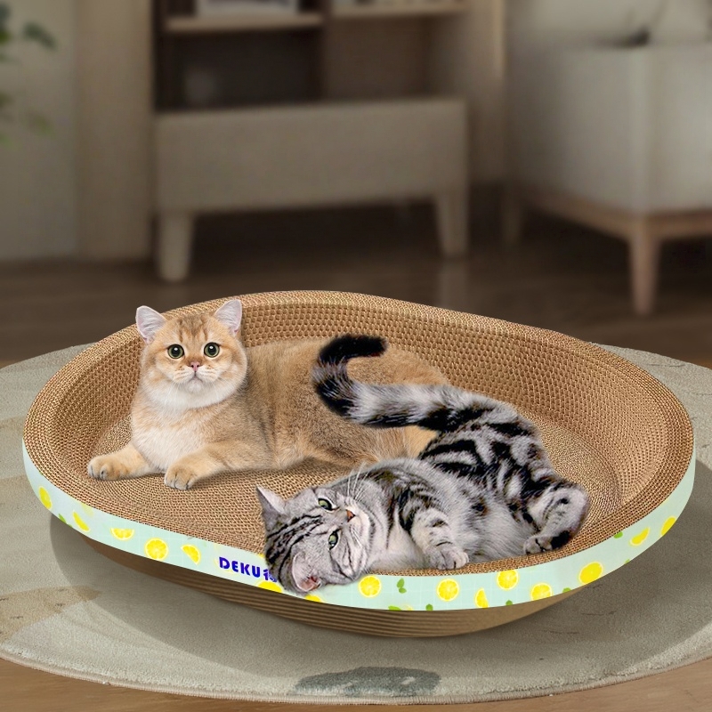 Large Corrugated Cardboard Cat Bed & Scratcher, 2-in-1 Oval Cat Cave for 15lbs Cats, Eco-Friendly Furniture Saver