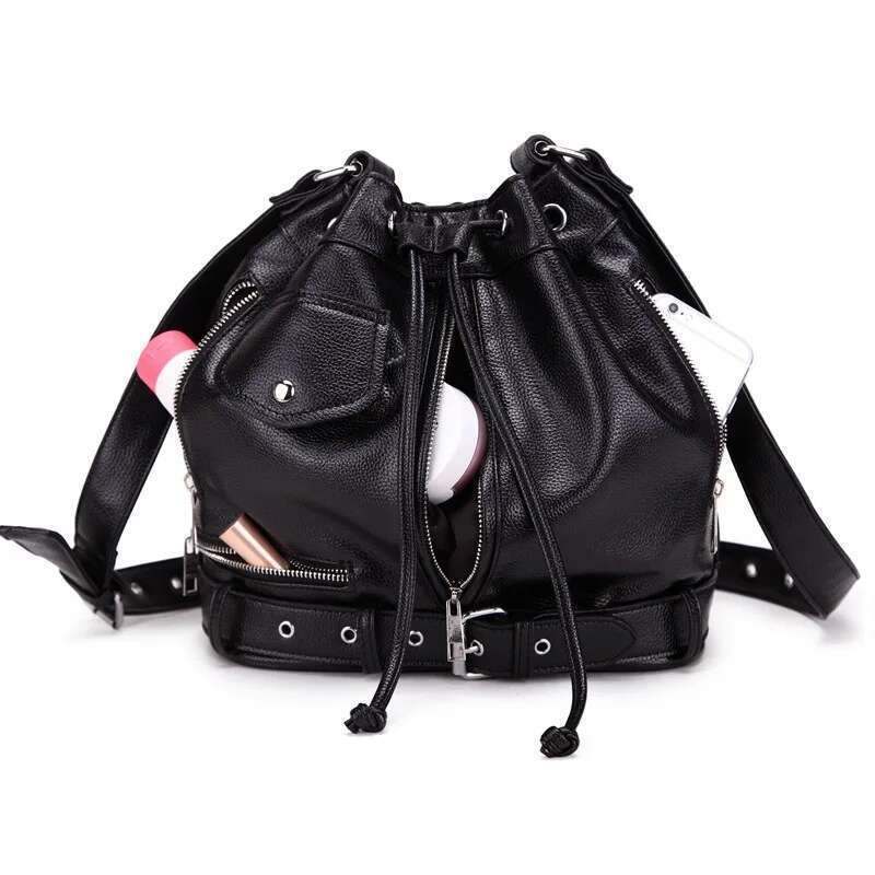 NIGEDU Rock Style Women Shoulder Bag Punk Rivet Messenger Bags PU Leather Handbags Female Designer Motorcycle Bucket Totes Black