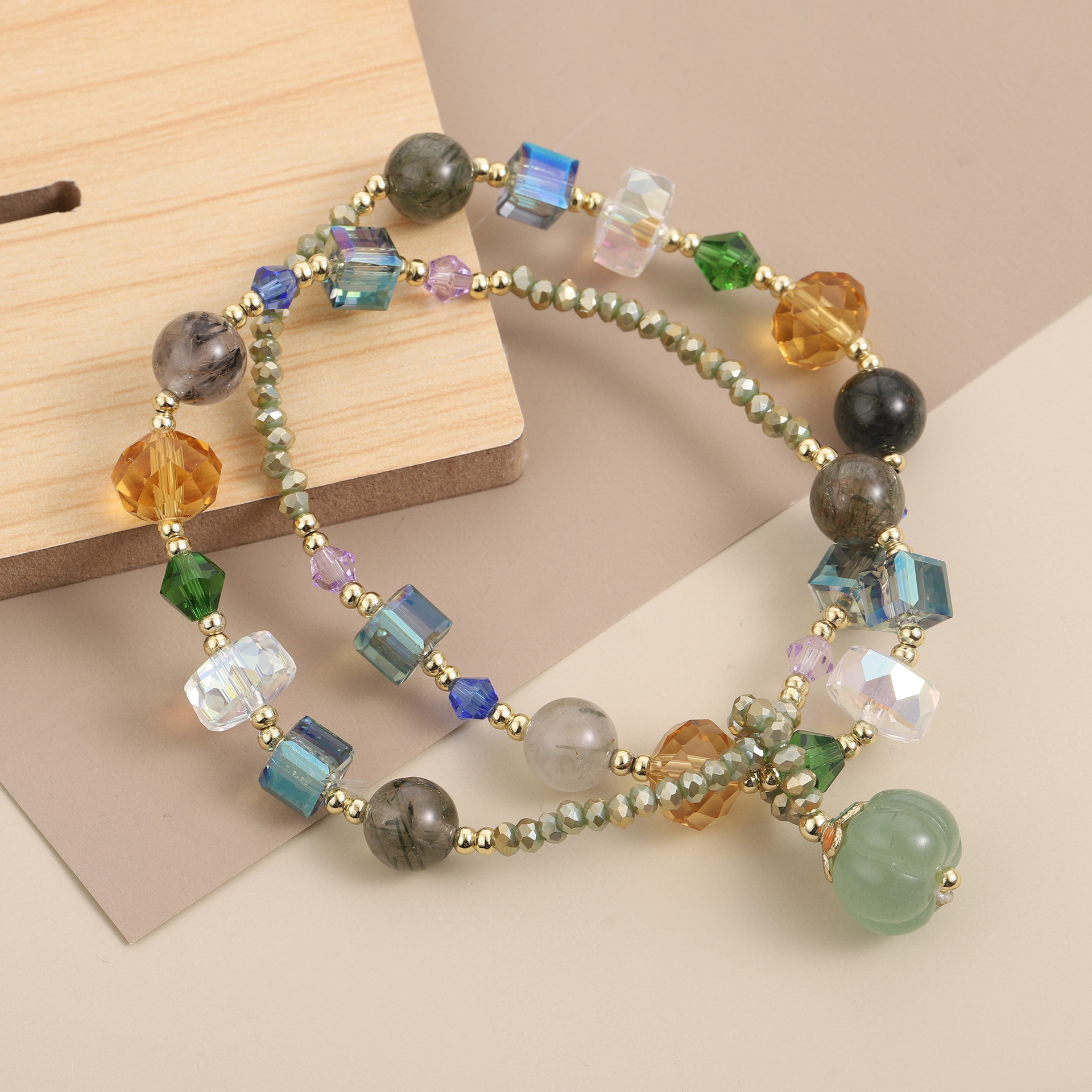 Natural countryside style green color hair bracelet, women's personality simple pumpkin pendant, square sugar crystal double circle jewelry