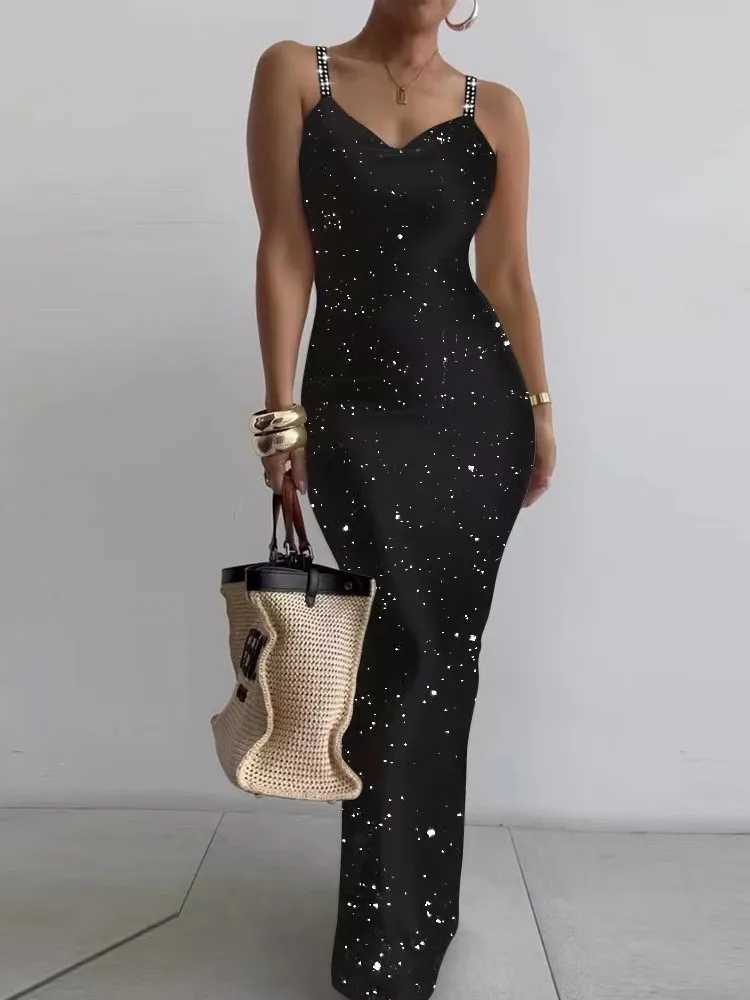 Dresses For Women 2024 Sexy Spaghetti Strap Color Printed Long Dress Evening Y2k Sleeveless Solid Skinny Bodycon Maxi DressesXJ250514