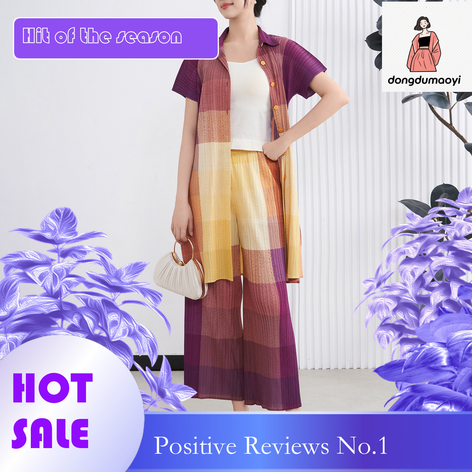 dongdumaoyi Miyake's new pleated shirt dress style two-piece set, fashionable and casual gradient color cardigan wide leg pants set