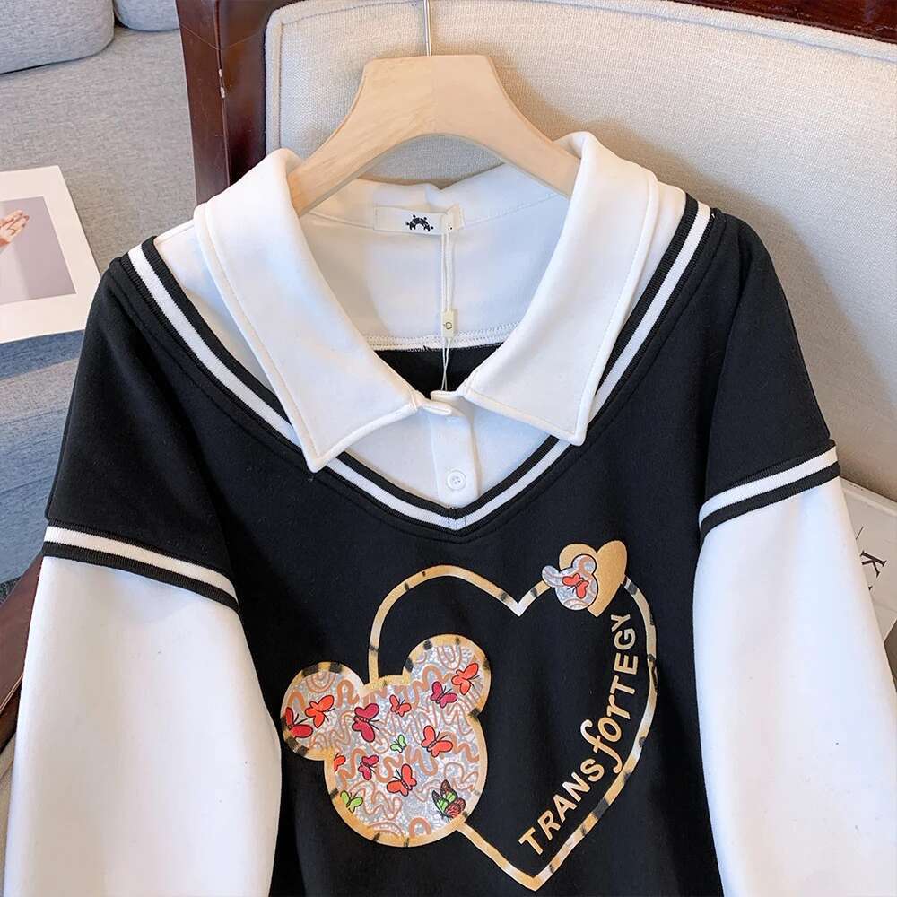 Plus-size women's Fall/Winter casual commute loose comfortable cotton hoodie black cartoon print lapel long-sleeved top large