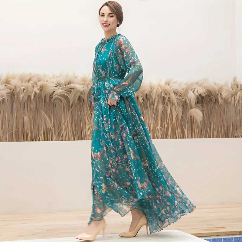 2024 Boho Floral Print Party Dress Women Vestidos Elegant Fashion Loose Chiffon Long Slve Muslim Abaya Islamic Clothing Robes X250514