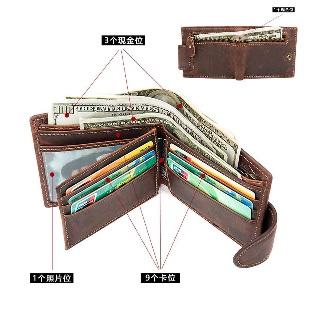 Men's Crazy Horse Short Genuine Leather Buckle Vintage Top Layer Cowhide Card Holder Multi-Card Wallet