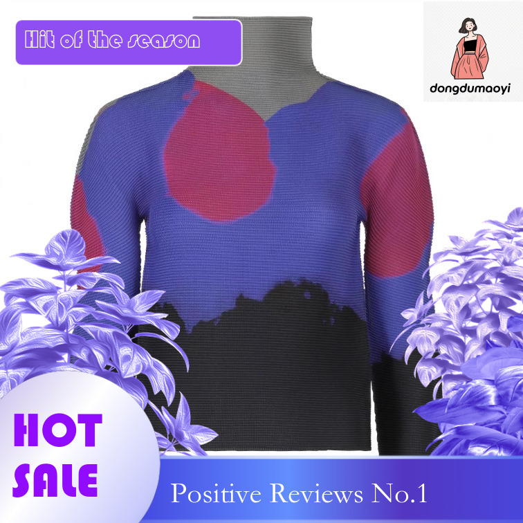 dongdumaoyi Miyake counter me series long sleeved T-shirt women in spring, semi high neck slim fit pleated top for women, thin base shirt