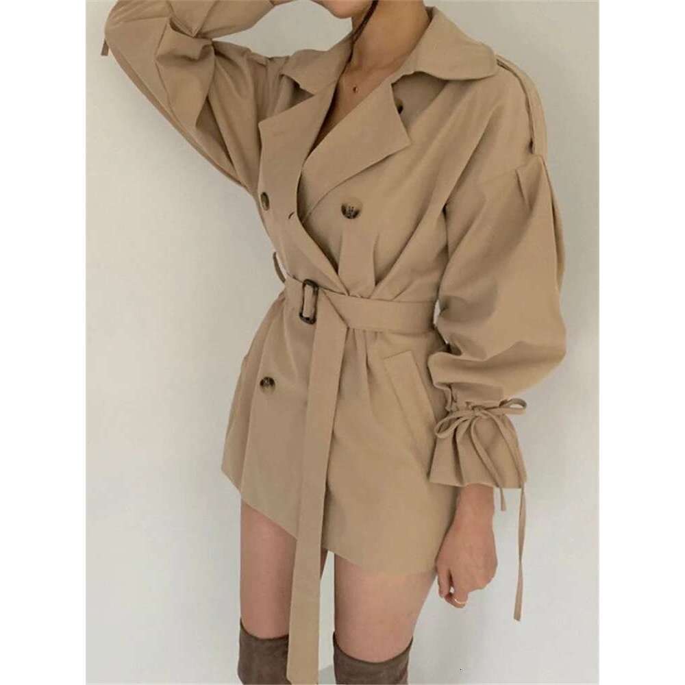 REALEFT New Autumn Winter Khaki Minimalist Women's Coat Sashes Windbreaker Loose Flare Sleeve Double Breasted Trench