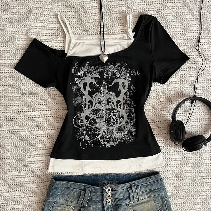 Womens 90s Vintage Punk TShirt Summer Streetwear Sexy Short Sleeve Gothic Slim Crop Top girl Casual Femme Tee Harajuku Y2k 250514