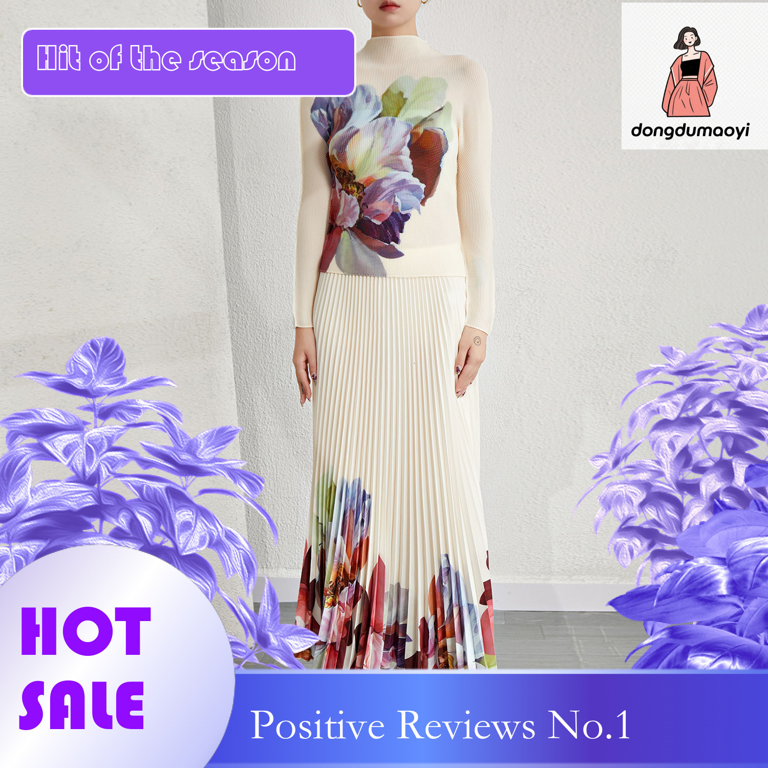 dongdumaoyi Women's clothing niche design pleated print stand up collar pullover flower long sleeved T-shirt half skirt two-piece set