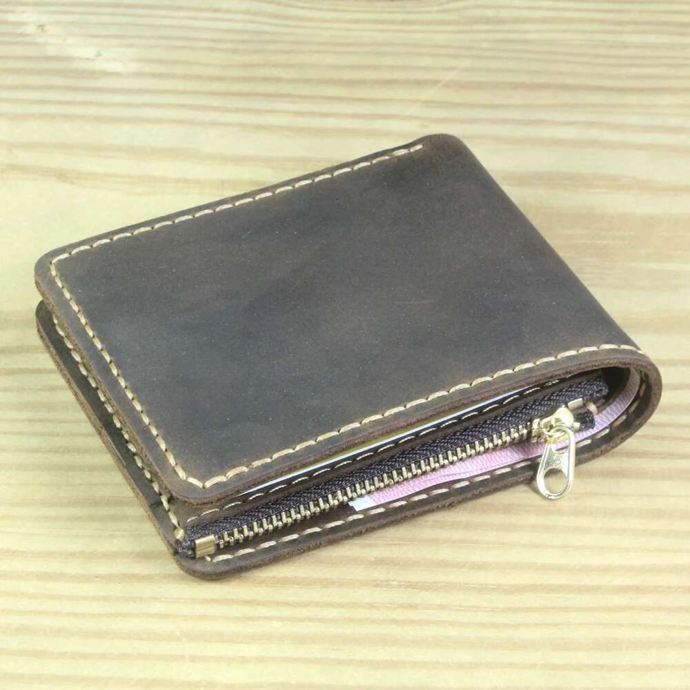 Handmade Genuine Men Wallet Bifold Purse Male Wallets Short Clip Vintage Leather Money Bag with zip pocket