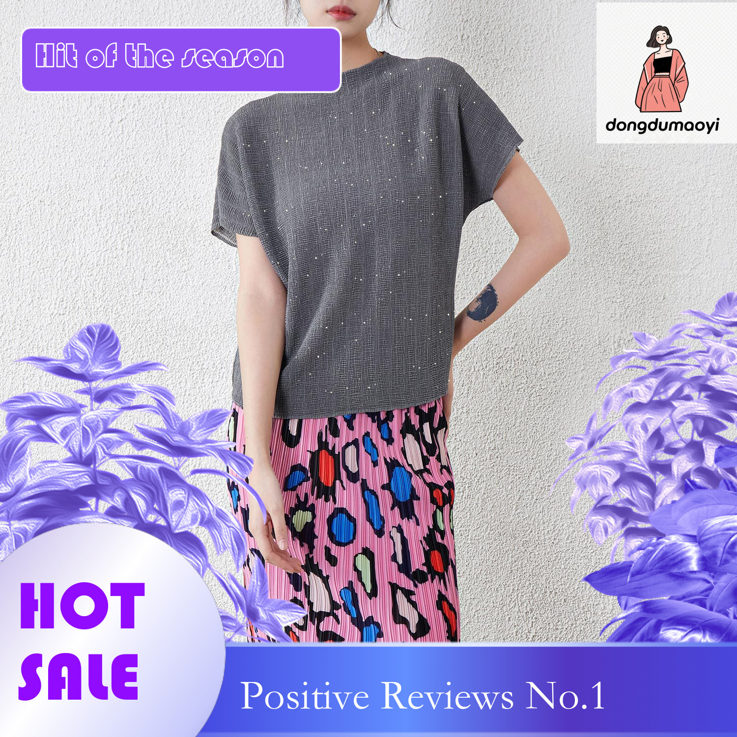 dongdumaoyi Starry fashion temperament, heavy industry hot stamping top, women's summer new versatile short sleeved half neck pleated T-shirt
