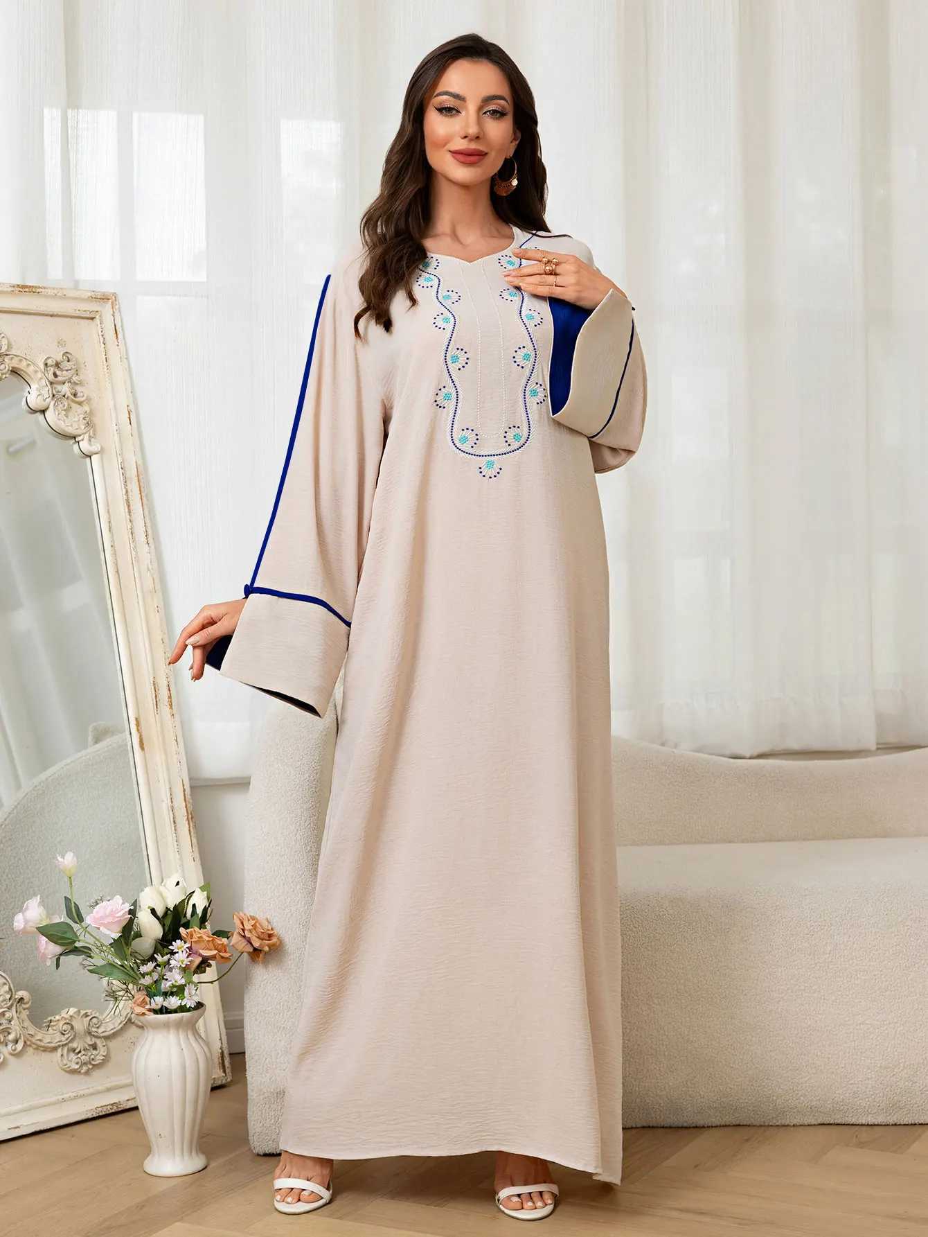 New Islamic Muslim Womens Beige Abaya with Blue Embroidered Neckline and trimmed Long Slves for Ramadan Middle East Religious X250514