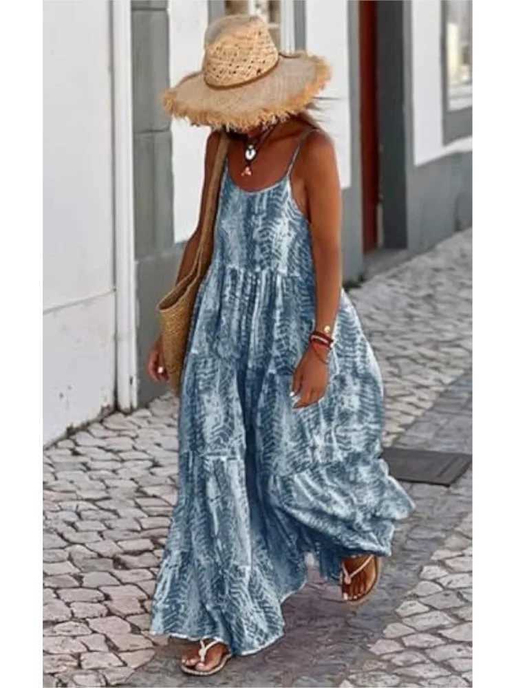 Tie Dye Print Spaghetti Strap Dresses Women Bohemian Style Loose Backless Vacation Beach Long Dress Female Fashion StreetwearXJ250514
