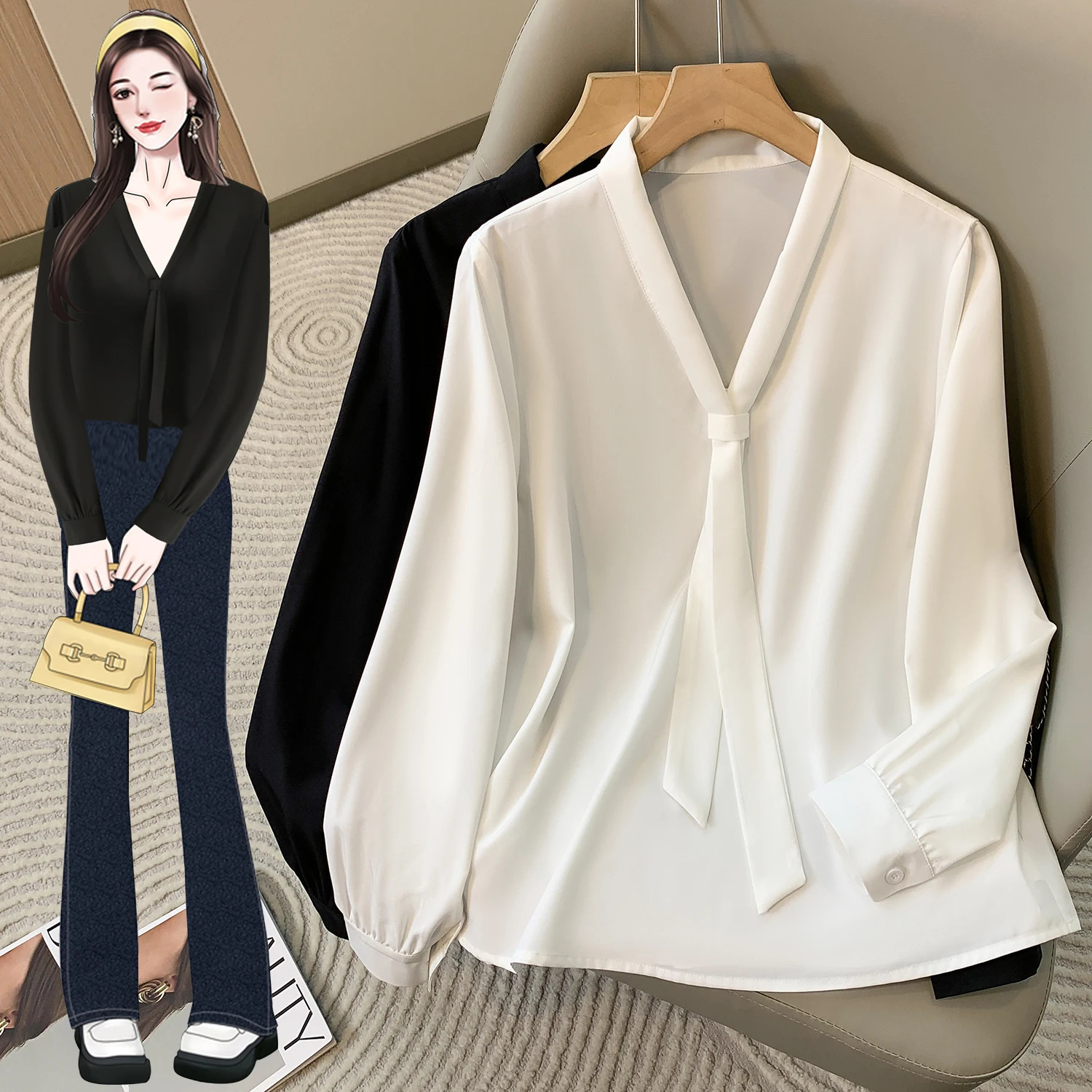 Plus Size Chiffon Shirt Blouse Women Spring Long Sleeve Lady Office Black Or White Large L4XL 250514