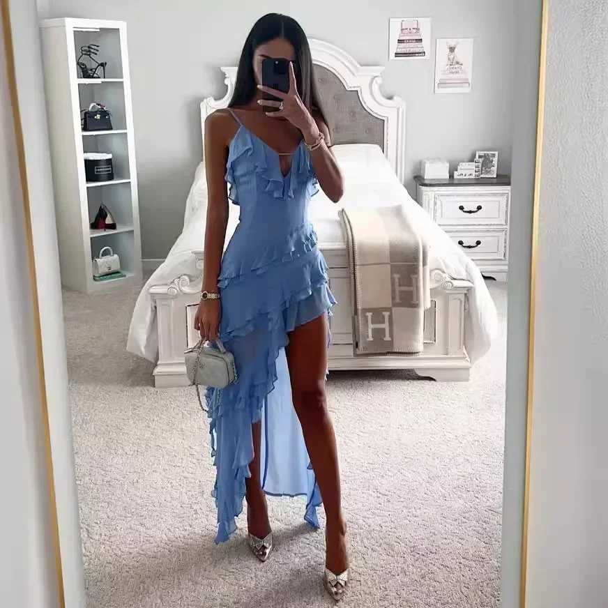 2025 Summer Women Long Dress Blue Solid V-neck Backless Irregular Sexy Slip Dresses Female Fashion Holiday Beach Clothes LadiesXJ250514
