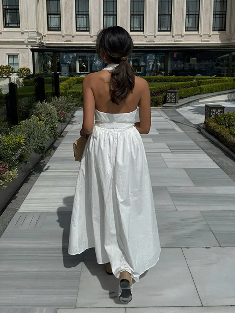 Elegant Halter Sleeveless Long Dress Women Single Breasted Lapel Belts Pocket White Aline Dresses Summer Street Holiday 250514