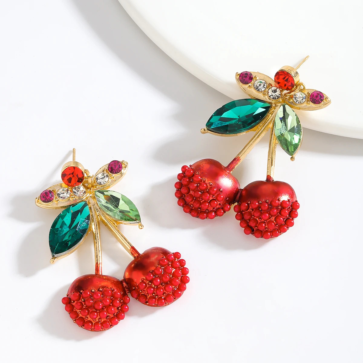 Vedawas Rhinestone Rice Bead Enamel Cherry Drop EarringsLovely Elegant Beaded Fruit Party Holiday Women Accessories 250514
