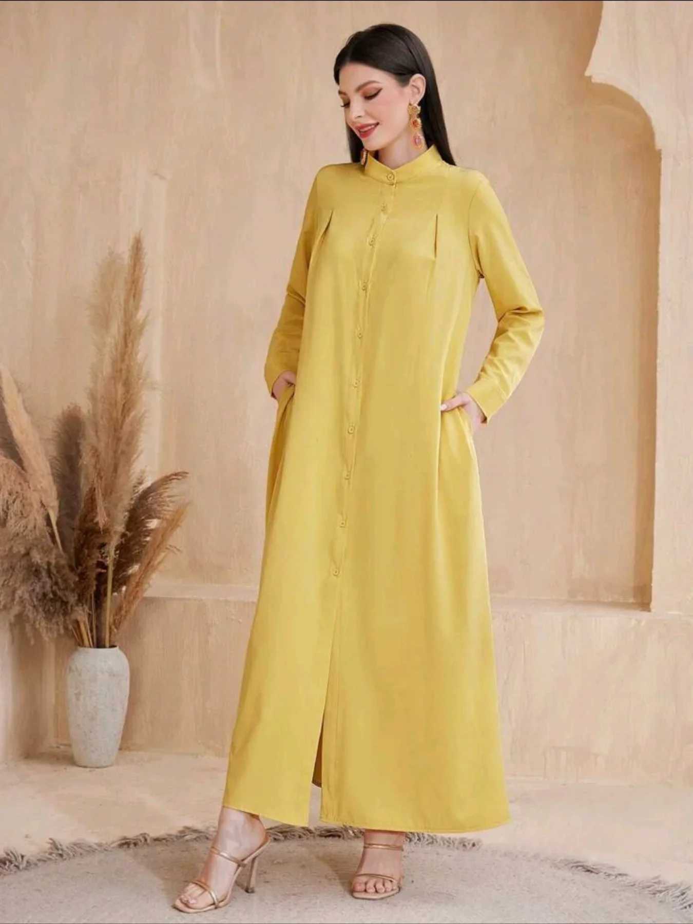 Spring Autumn Muslim Long Dresses Women Single-breasted Yellow Dress Abayas Clothing For Women Hijab Dress X250514