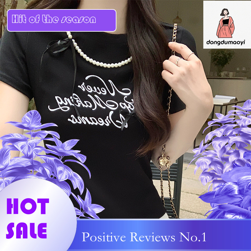 dongdumaoyi Black round neck shoulder T-shirt for women's summer 2025 new half sleeved bow short style slim fit and slimming top