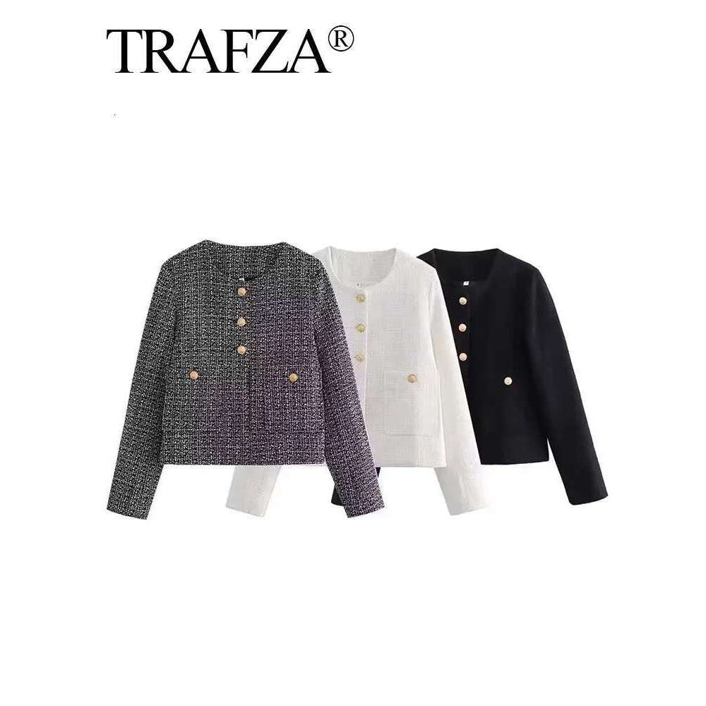 TRAFZA Women Fashion Textured Coat With Pockets Button Long Sleeve Jacket Vintage Solid O Neck Outerwear Woman Chic Coats