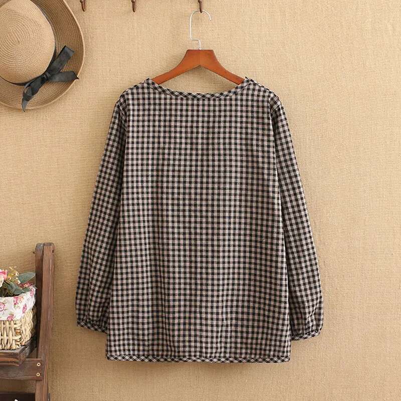 Women Plus Size Fall And Spring Clothing Trendy Round Collar Shirt Long Sleeves Checkered Pattern Widen and Fatten Large
