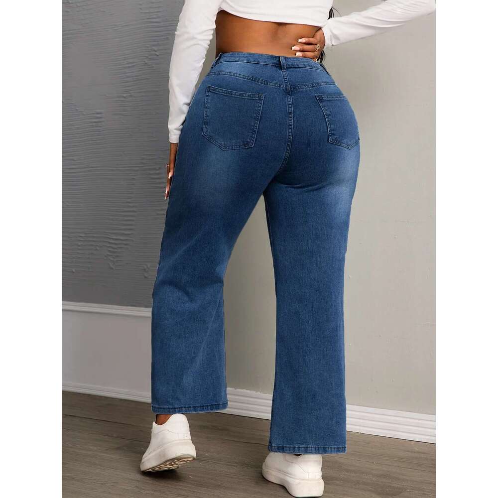 Women's Fashion Plus Size High Rise Straight Wide Leg Jeans - Stretch Comfort, Washed Blue