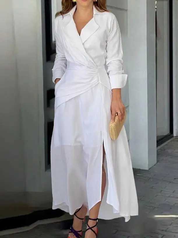 Womens Dresses 2023 Spring Fashion Ruched Slit Asymmetric Casual Notched Collar Plain Long Sleeve Semi-Sheer Maxi Daily DressXJ250514