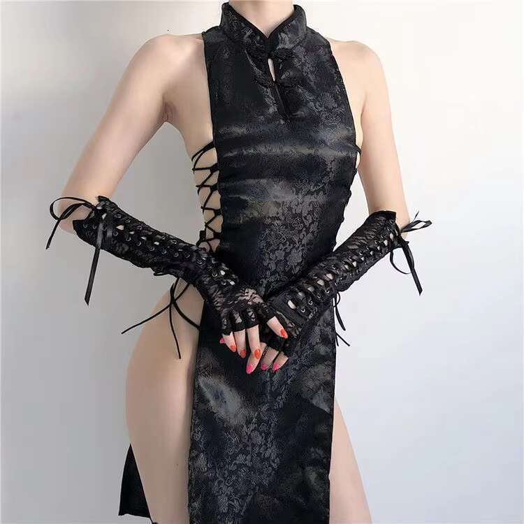 Women Sexy Lingerie High Split Bandage Mini Qipao Cheongsam Uniform Chinese Traditional Party Dress Nightclub Costumes