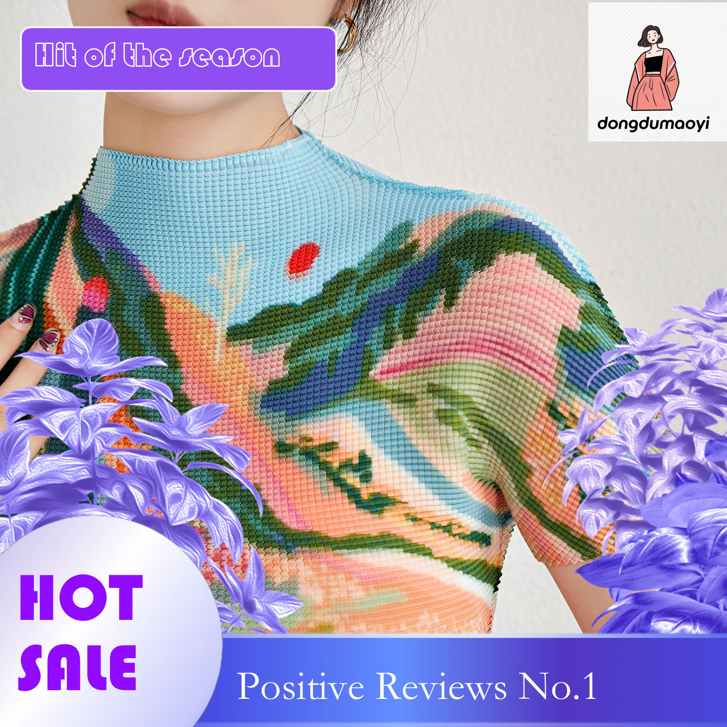 dongdumaoyi Miyake semi high neck short sleeved T-shirt for women in summer 2023 pleated new slim fit printed top