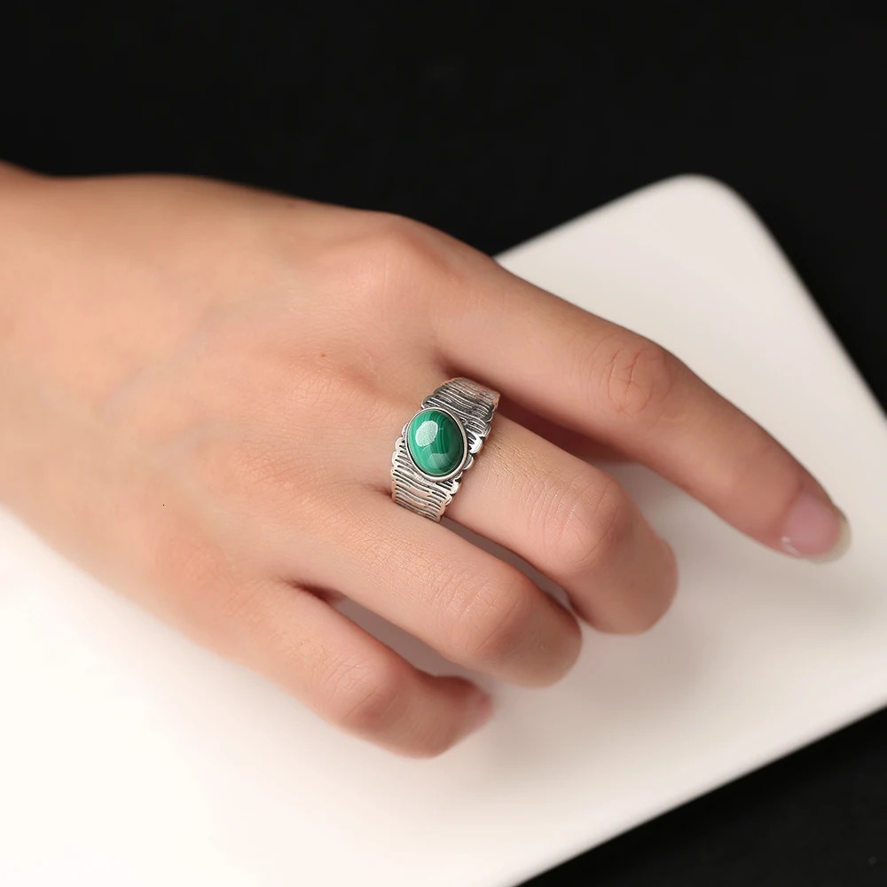 925 Silver Mens Wide Ring 8x10mm Natural Amber Malachite Gemstone Gothic Vintage Bold Jewelry for Men Unique Statement Gift 250509
