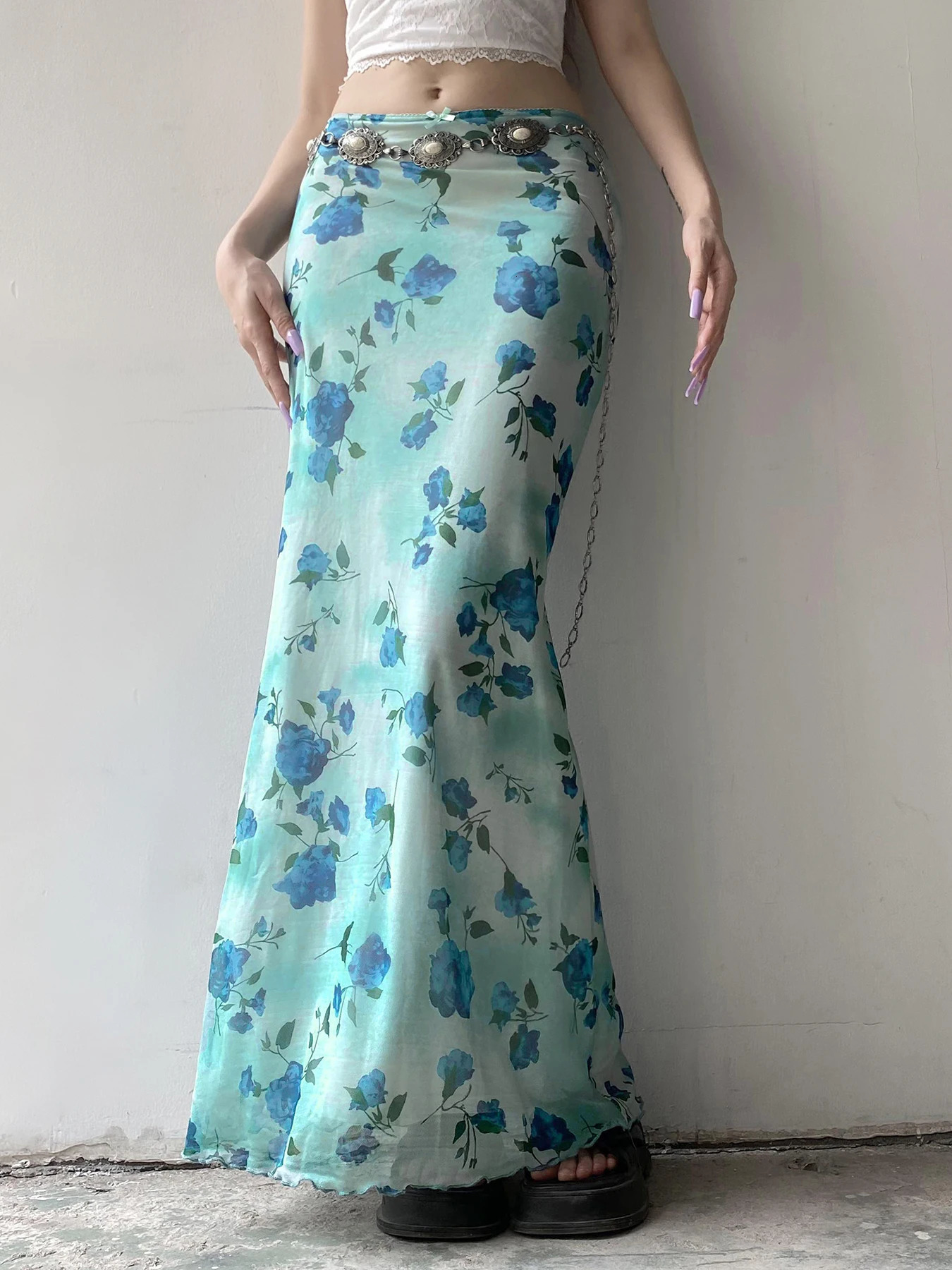 Rockmore Floral Print Bow Front Lettuce Trim Long Mermaid Skirt for Party Holiday Wedding Guest Elegant High Waist Bodycon 250514