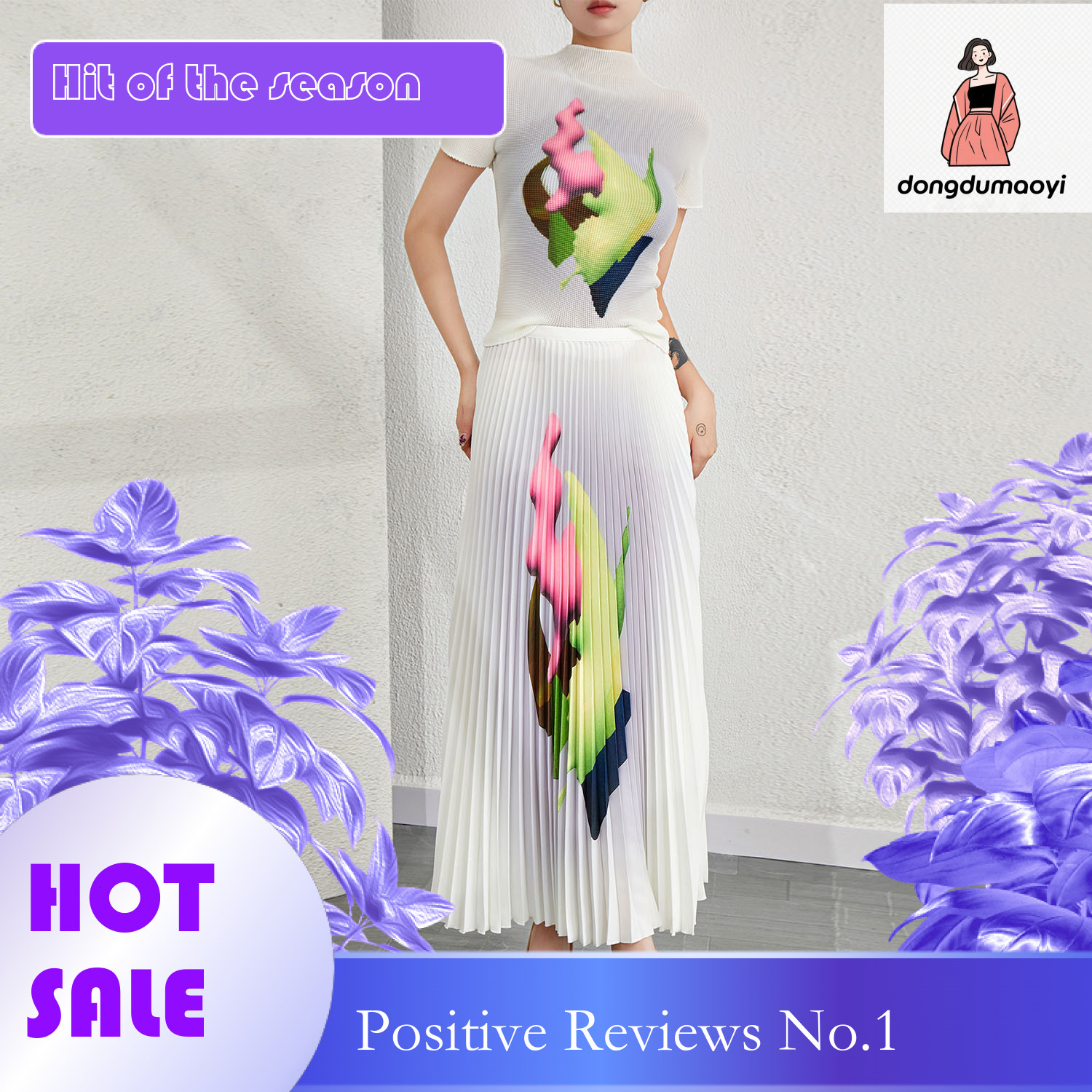 dongdumaoyi European high-end fashion casual pleated for women's 2024 summer new printed T-shirt, half skirt two-piece set