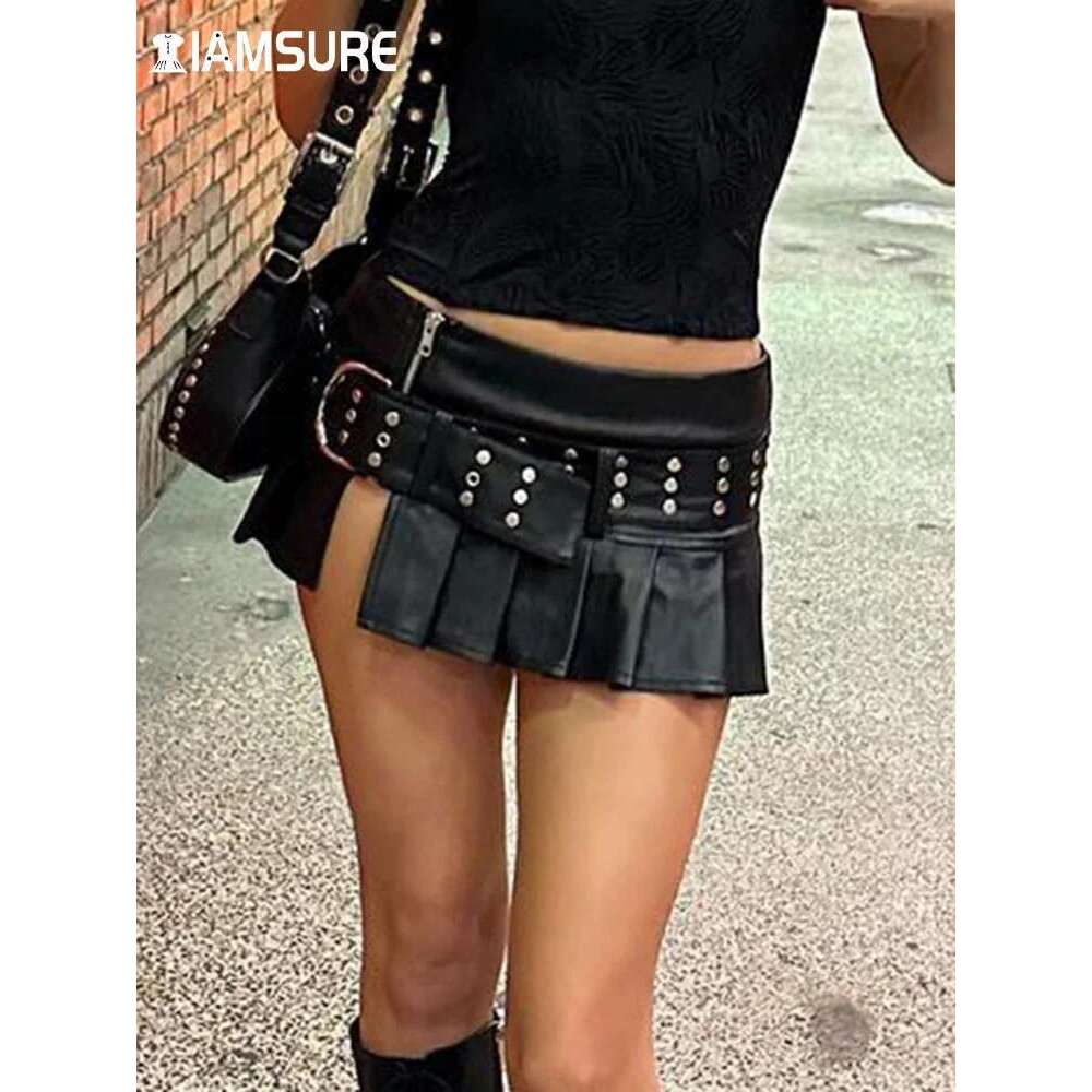 IAMSURE Sexy Slim A-Line Pleated Split Skirt With Sashes Solid Metal Buckle Low-Waisted Super Mini Skirts Women 2023 Summer