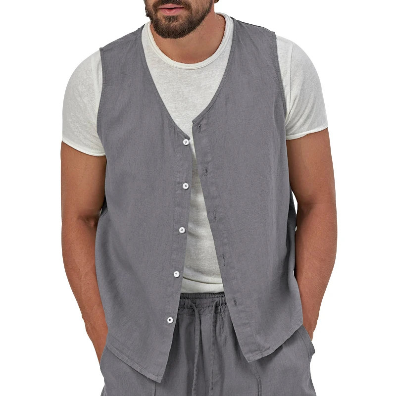 2024 Summer Thin Button Casual Solid Color Linen Youth Vest Mens Sleeveless Tops 250506