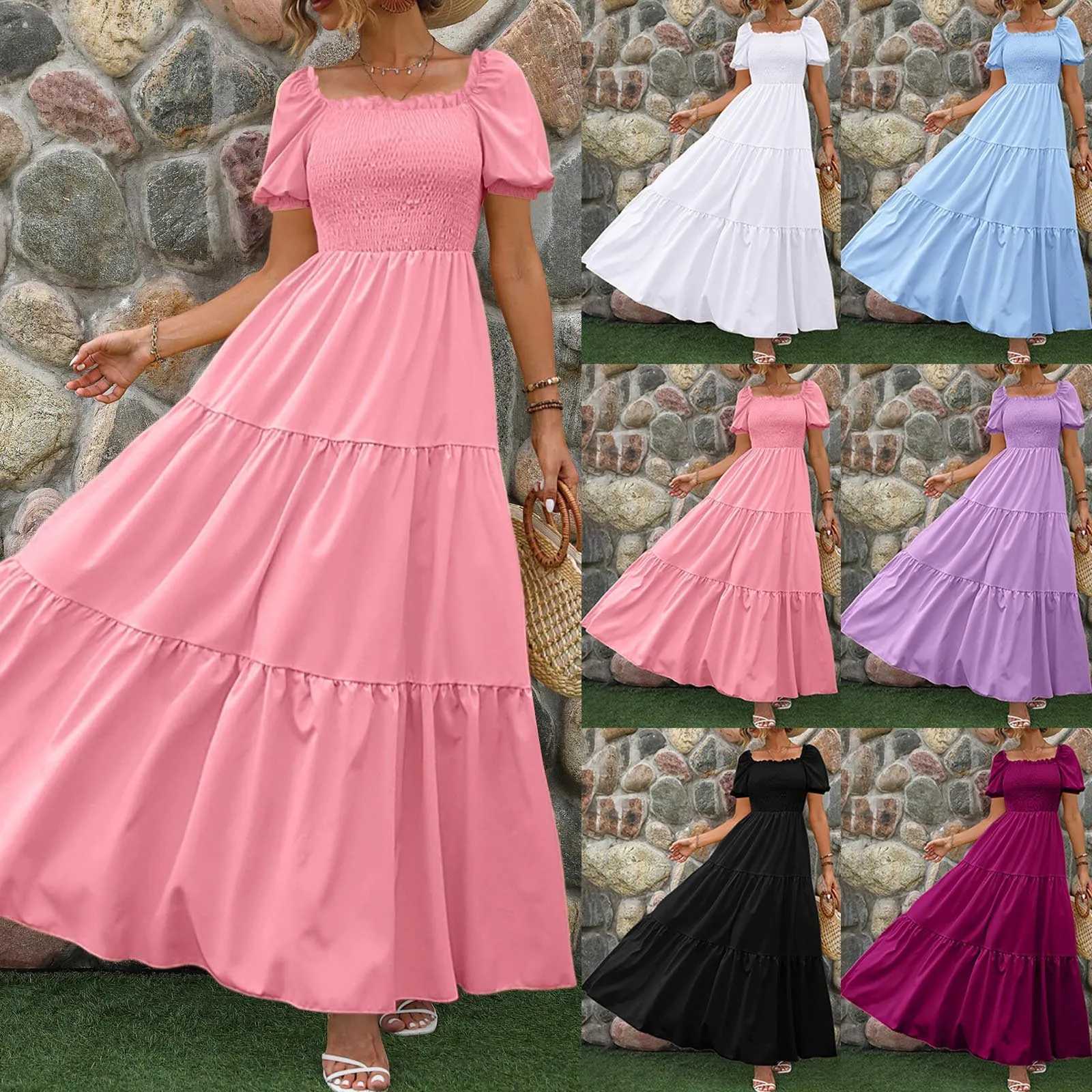 Female Dresses Outfits Womens 2024 Floral Boho Dress Wrap Crew Neck Short Sleeve Belted Ruffle Hem A Line Flowy Clothing For WomenXJ250514