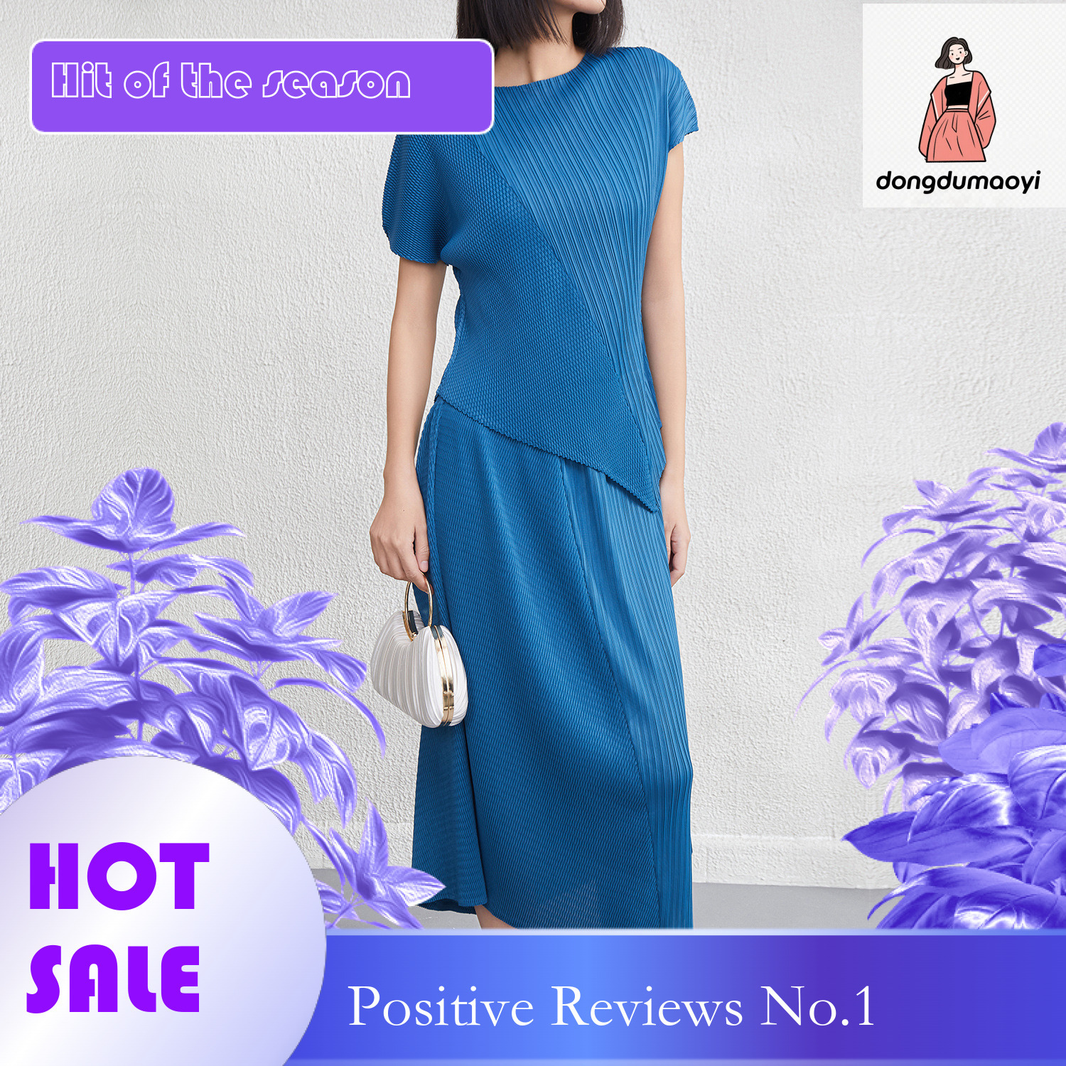 dongdumaoyi Miyake style short sleeved T-shirt+high waisted A-line for women's 2025 summer new pleated top, hip hugging skirt set