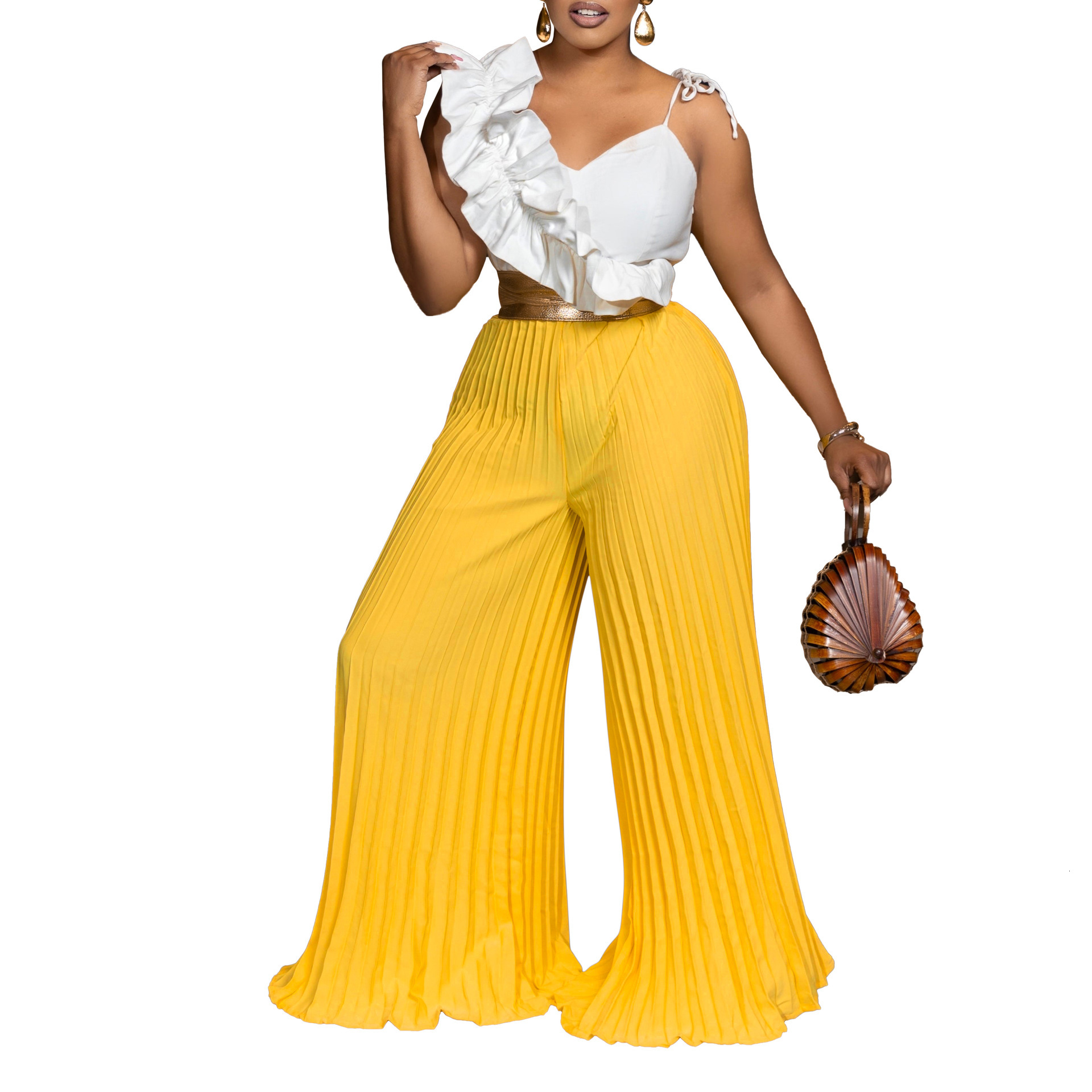 C8605 womens sexy ruffle edge sleeveless top wide leg wide leg pants fashion set