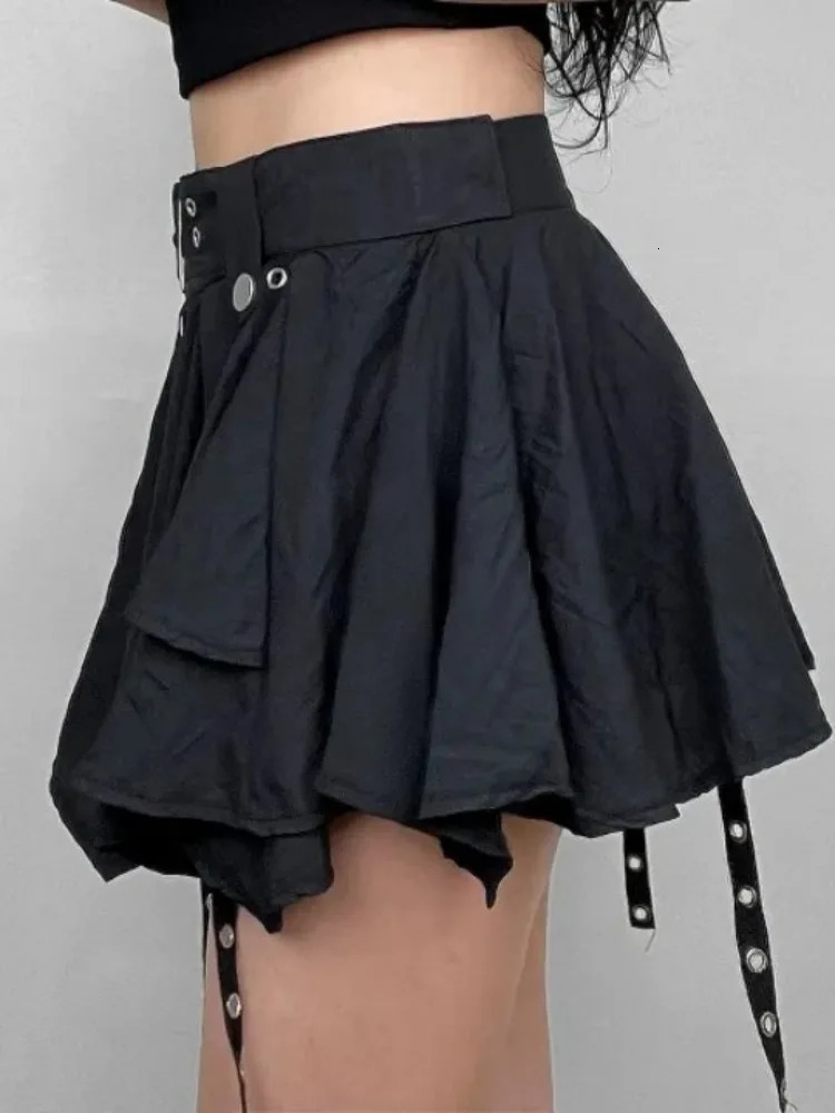 Womens Crumpled Layer Mini Skirt with Belt Strap Elastic Back Asymmetrical Short Grunge eGirl Y2K Acubi Outfit 250514