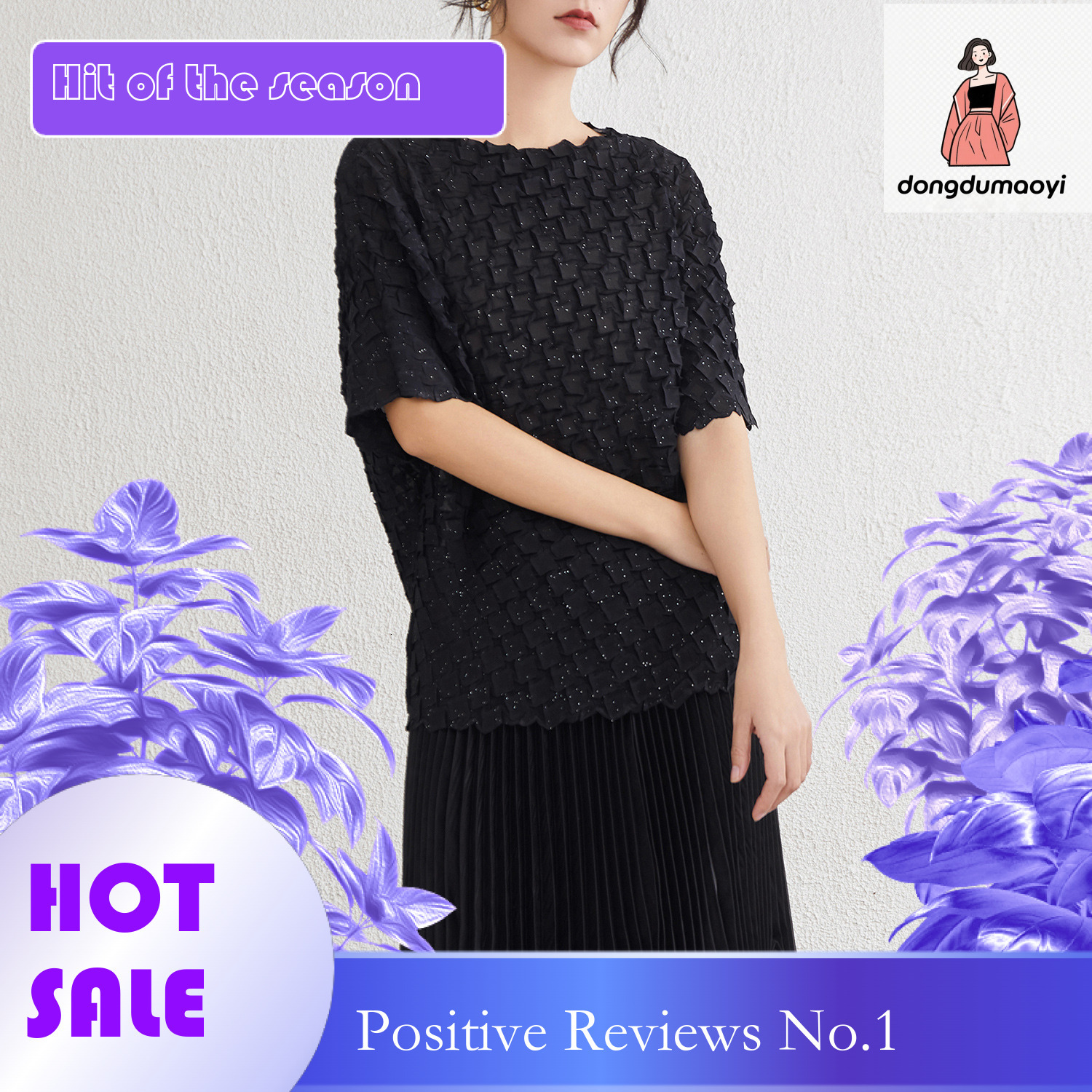 dongdumaoyi Chiffon handmade hot stamping T-shirt 2025 new three house style three-dimensional pleated top heavy texture sunscreen shirt
