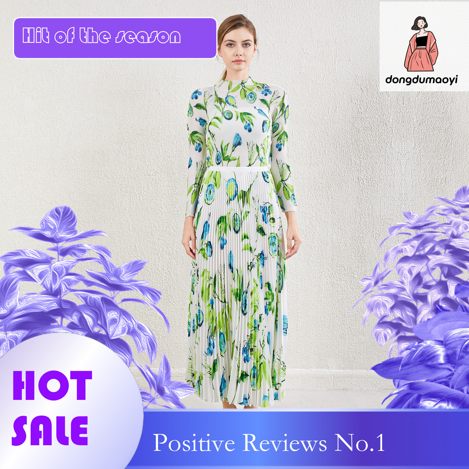 dongdumaoyi Colorful high waisted half women's large swing skirt, new printed top, slim fit small shirt, pleated set