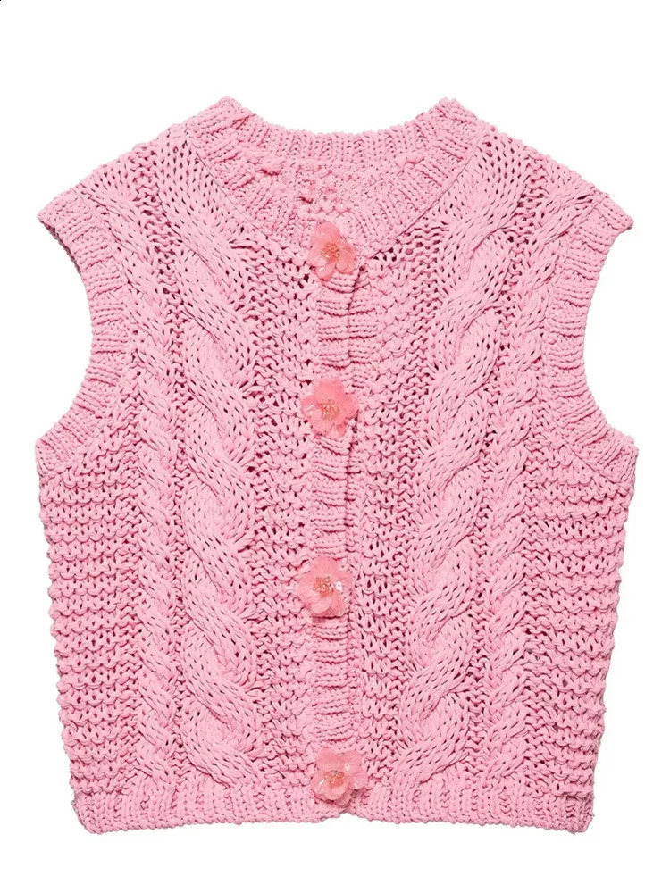 Zevity 2025 Women Sleeveless Flower Buttons n Twist Knitting Vest Sweater Female Chic Casual Cardigan Waistcoat Tops SW9019 250506