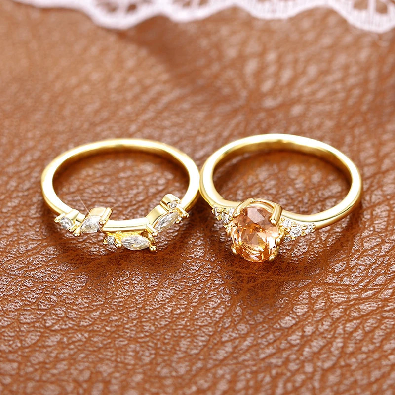 Huitan Champagne CZ 2Pcs Women Rings Aesthetic Wedding Accessories Gold Color Exquisite Leaf Rings Party Fashion Jewelry Sets 250509