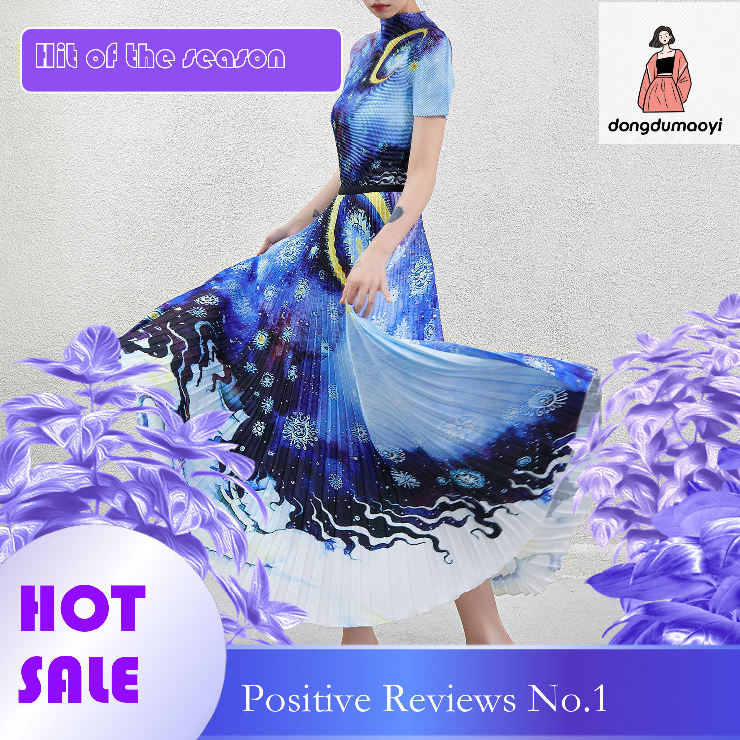 dongdumaoyi Fashion suit women's summer new style Miyake printed short sleeved T-shirt slimming pleated skirt two-piece set