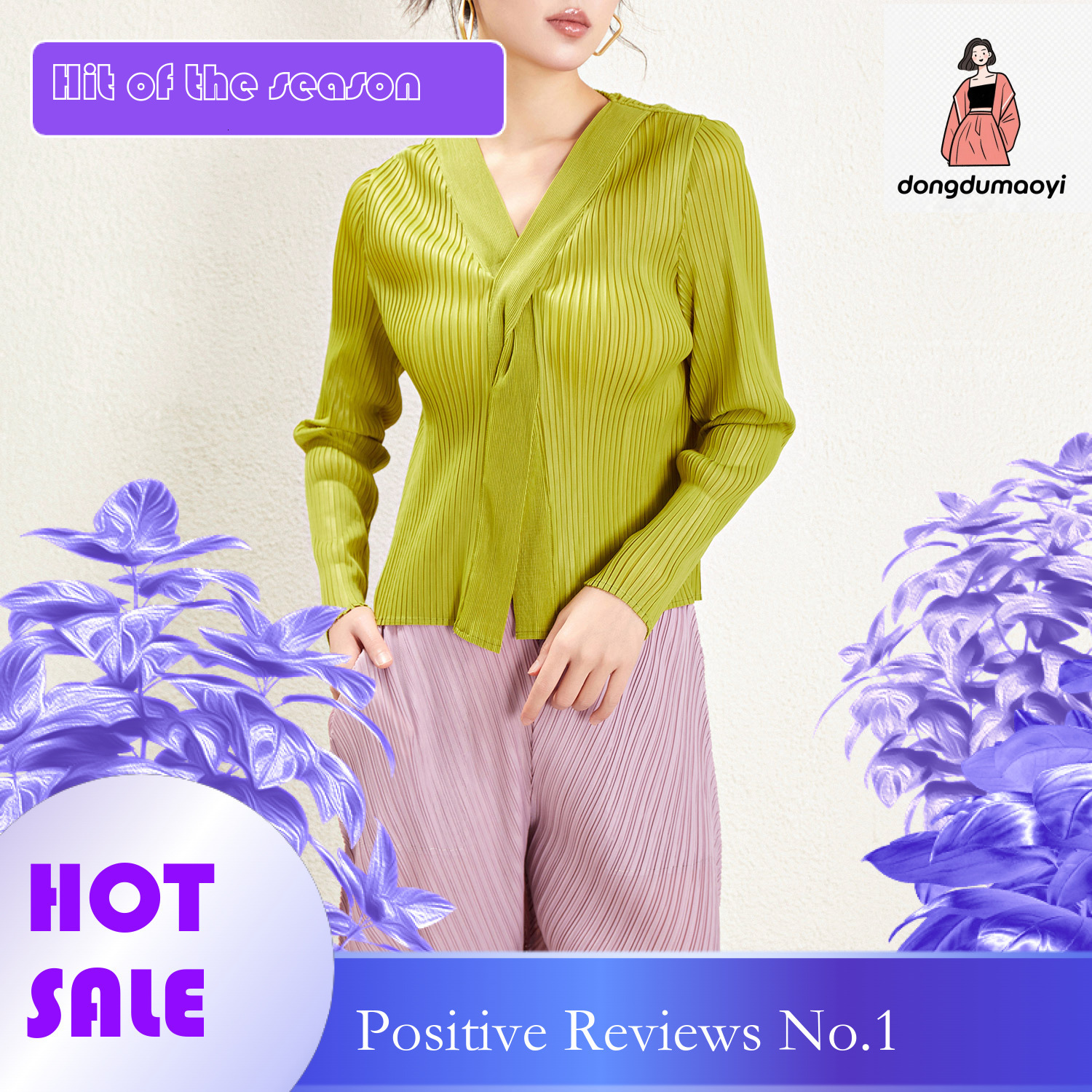 dongdumaoyi Wrinkled Knitted Spring/Summer New Style Miyake Fashion V-neck Design Sense Solid Color Long Sleeve Versatile Base Shirt Women's T-sh